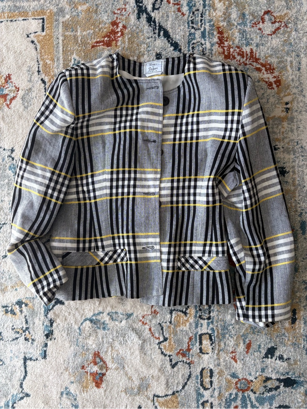 Vintage Plaid Blazer Jacket in Gray, Black, White & Yellow